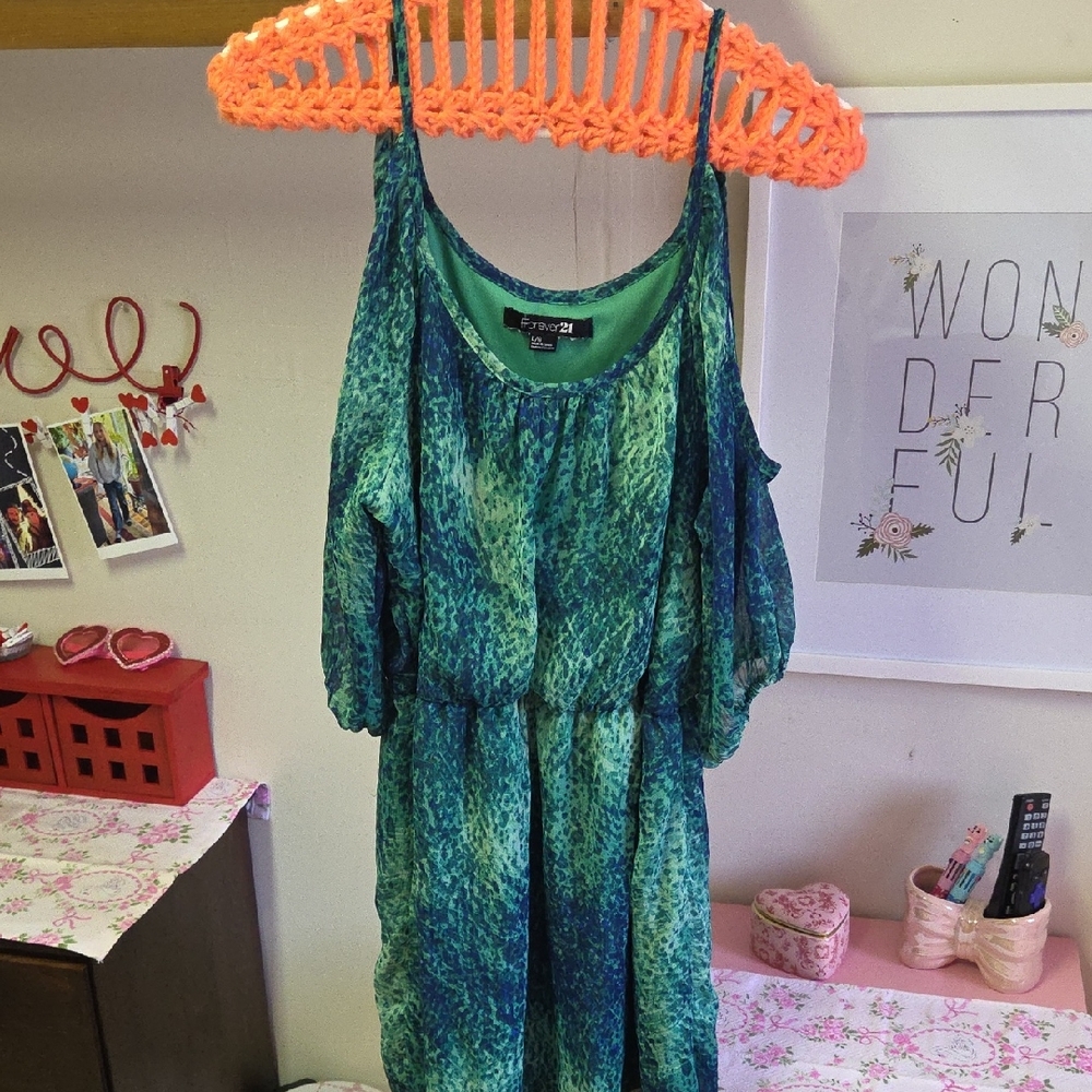 Express Teal and Aqua Printed Cold-Shoulder Dress